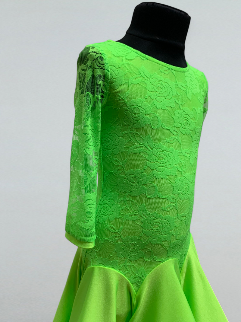 Vibrant Neon Green Ballroom Dance Dress with Guipure Sleeves