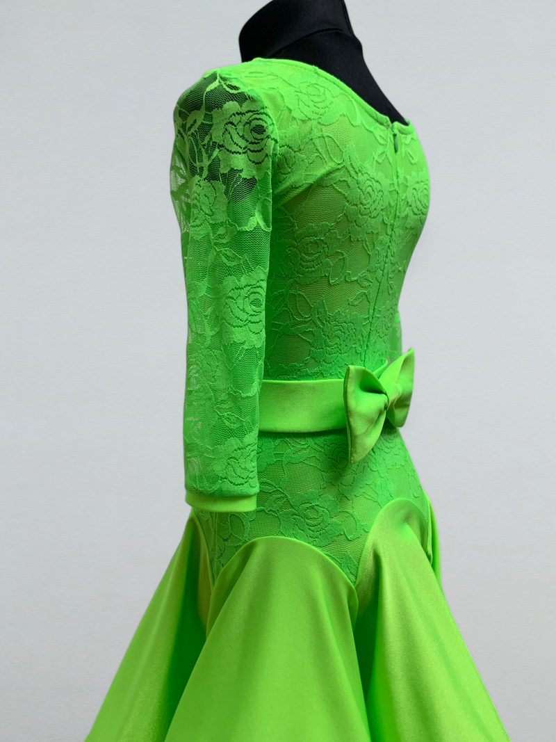 Vibrant Neon Green Ballroom Dance Dress with Guipure Sleeves