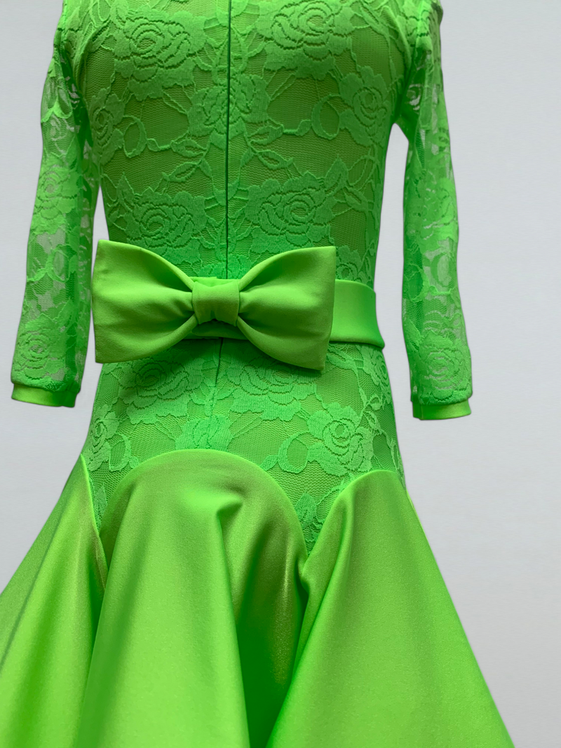 Vibrant Neon Green Ballroom Dance Dress with Guipure Sleeves