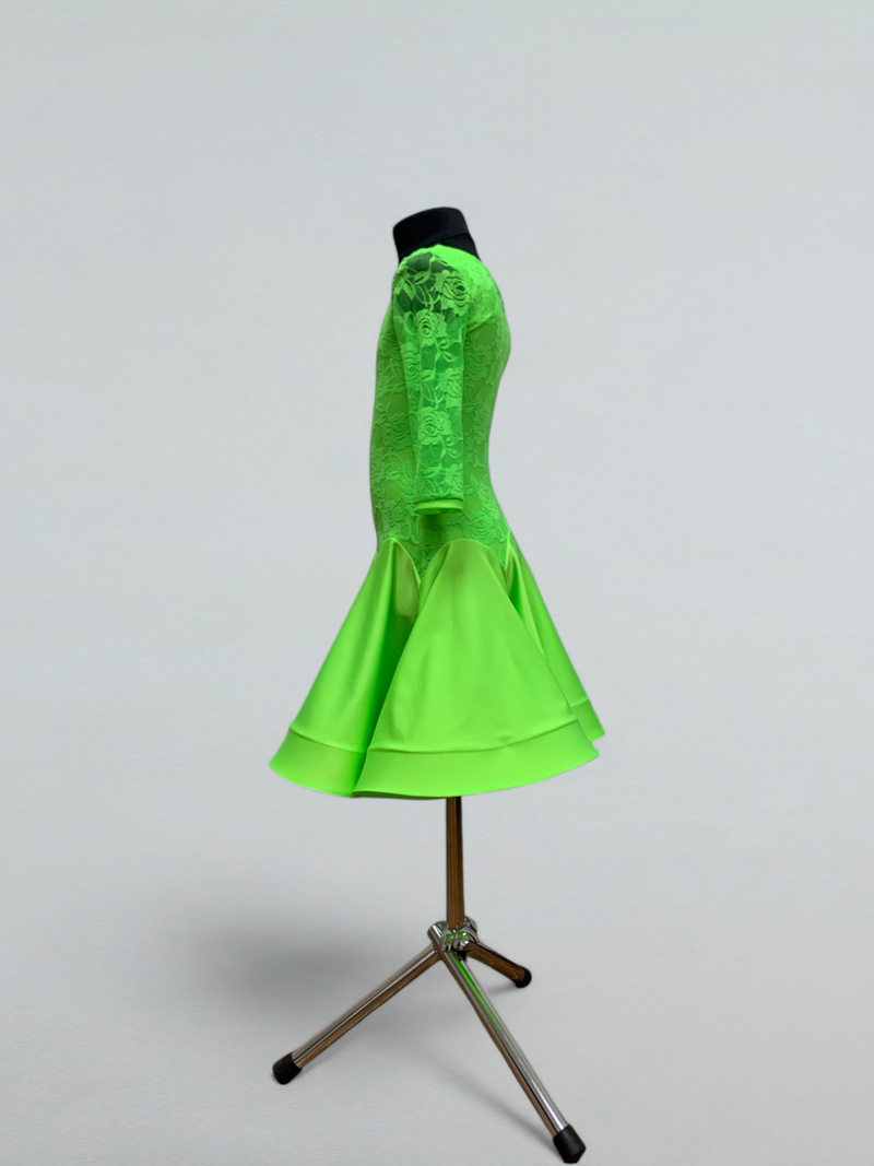 Vibrant Neon Green Ballroom Dance Dress with Guipure Sleeves