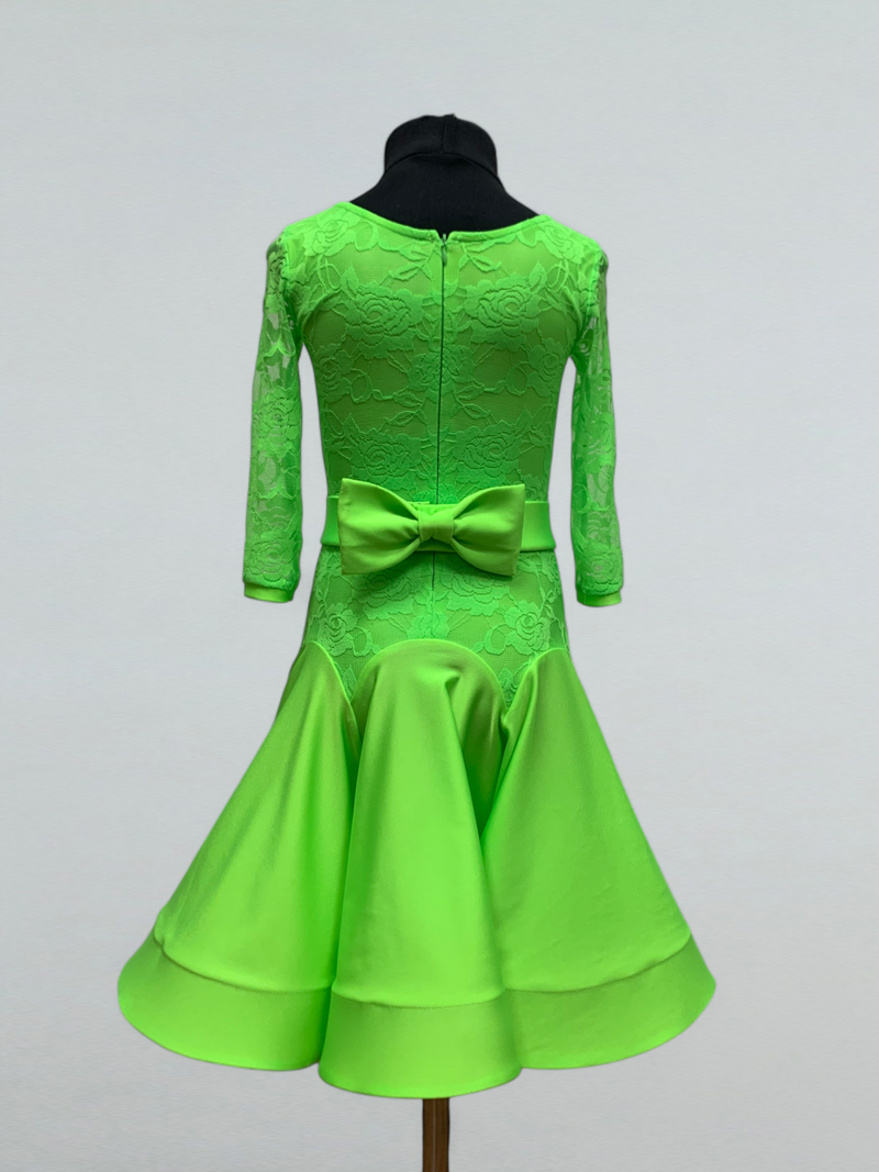 Vibrant Neon Green Ballroom Dance Dress with Guipure Sleeves