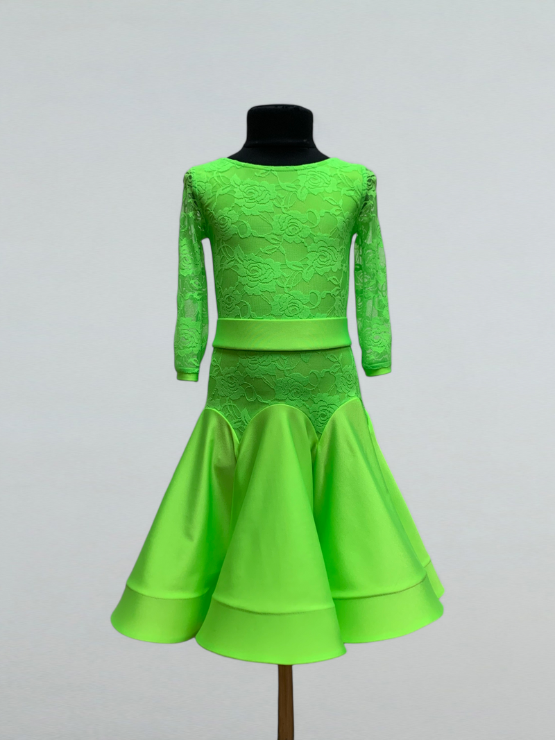 Vibrant Neon Green Ballroom Dance Dress with Guipure Sleeves