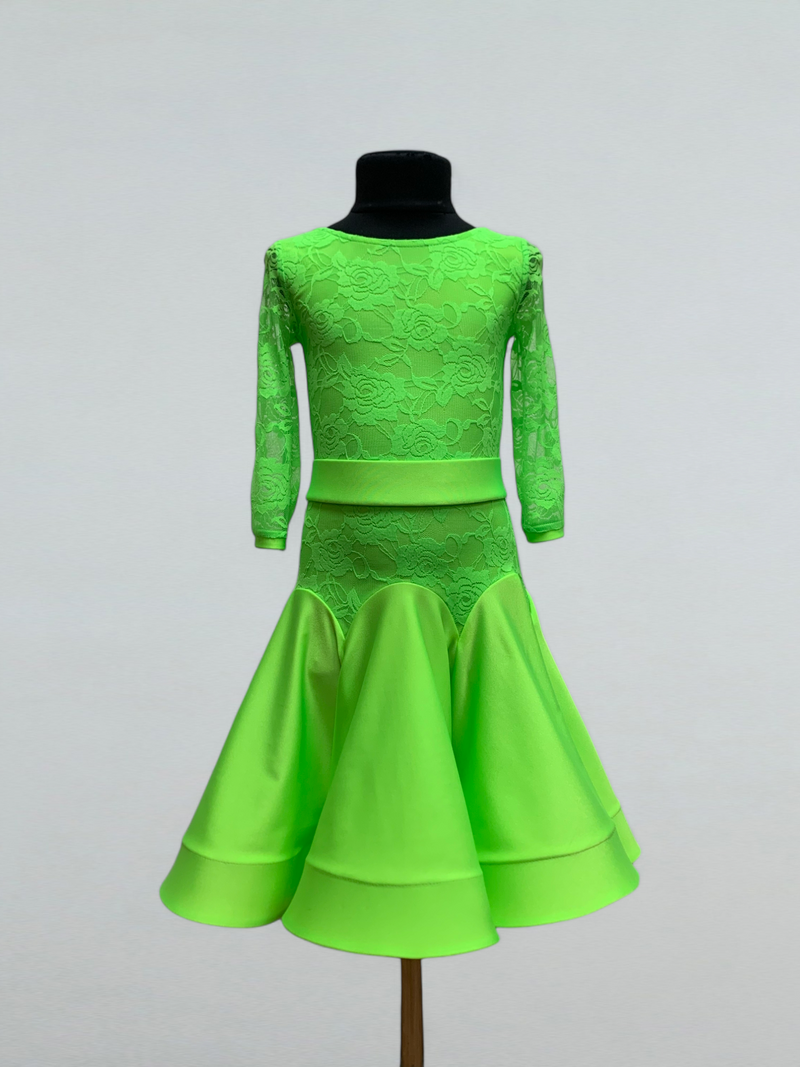 Vibrant Neon Green Ballroom Dance Dress with Guipure Sleeves 13 years Vibrant Neon Green Ballroom Dance Dress with Guipure Sleeves 13 years