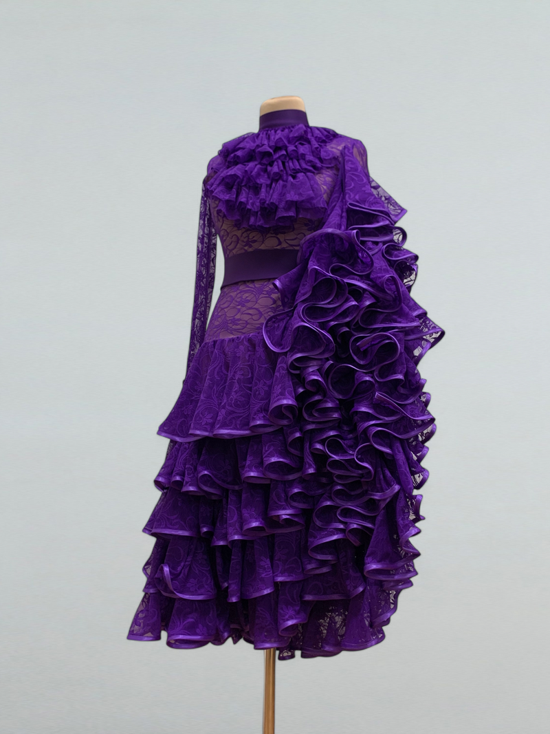 Purple Lace Ballroom Dance Dress with Ruffles – Perfect for Competitions