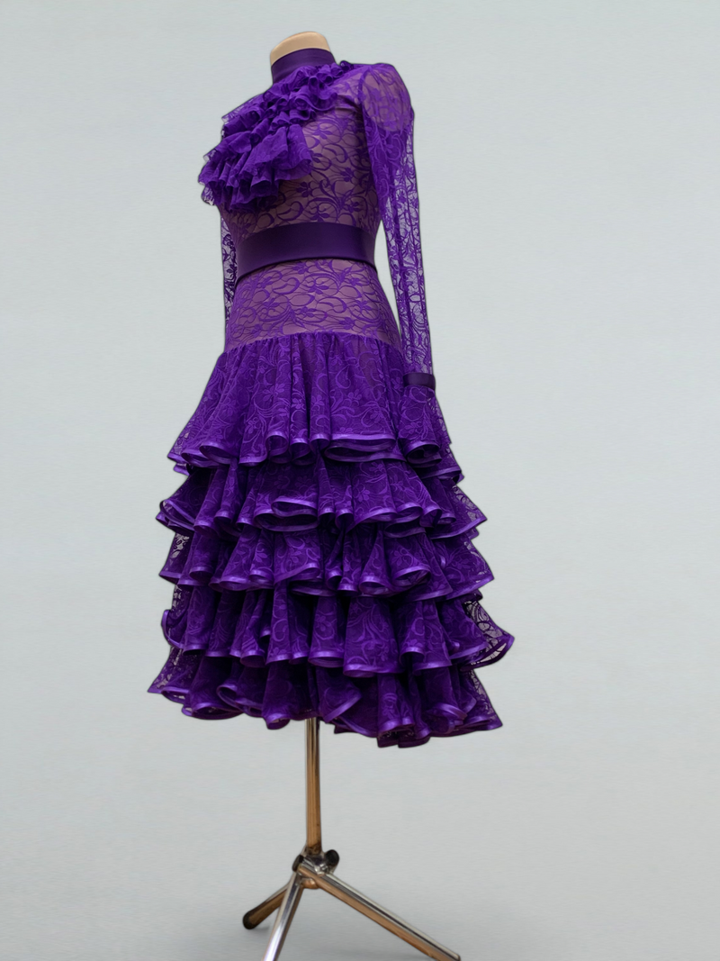 Purple Lace Ballroom Dance Dress with Ruffles – Perfect for Competitions