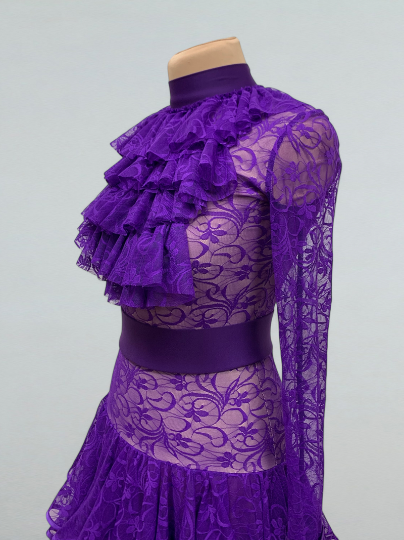 Purple Lace Ballroom Dance Dress with Ruffles – Perfect for Competitions