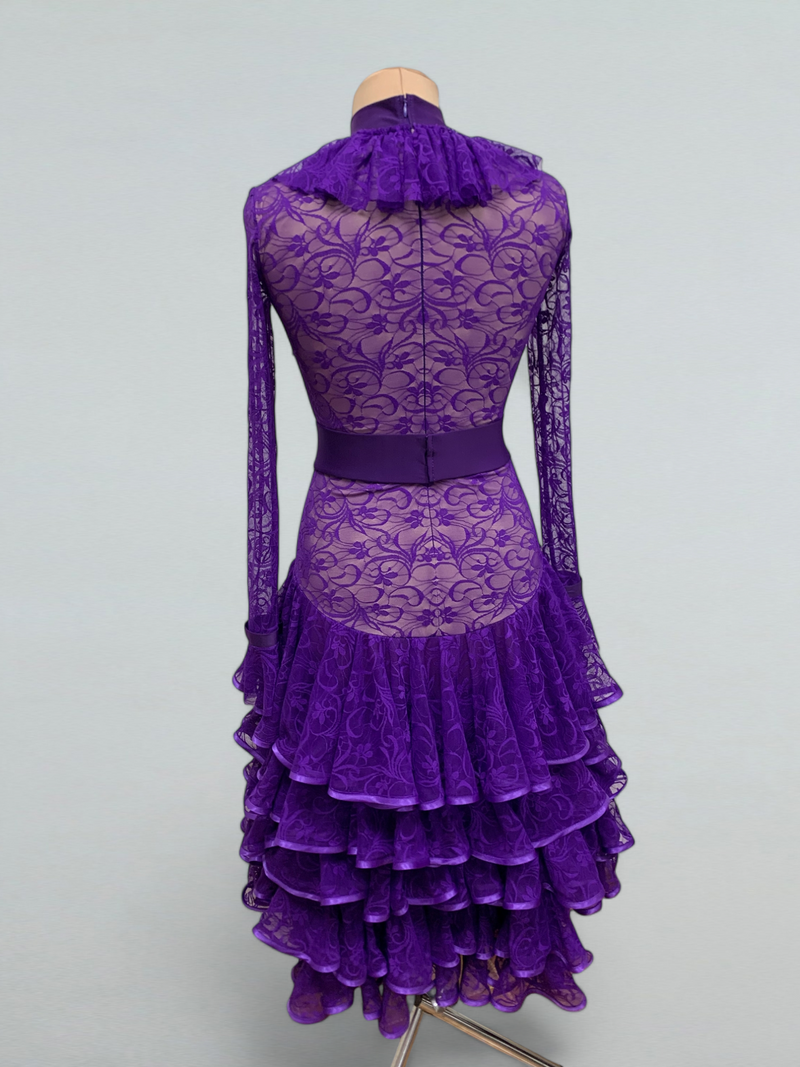 Purple Lace Ballroom Dance Dress with Ruffles – Perfect for Competitions