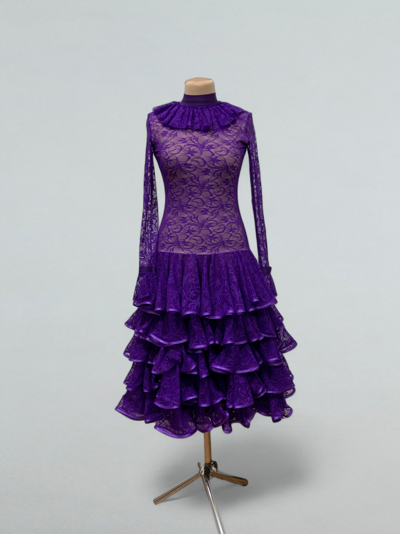 Purple Lace Ballroom Dance Dress with Ruffles – Perfect for Competitions