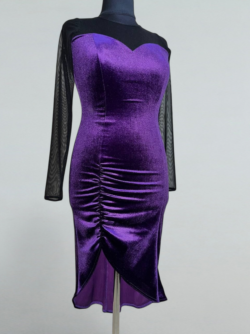 Purple Velvet Dance Dress with Sweetheart Neckline and Mesh Details