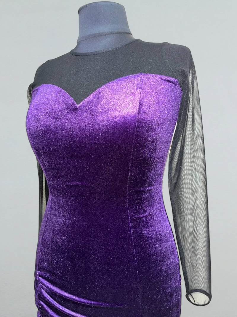 Purple Velvet Dance Dress with Sweetheart Neckline and Mesh Details