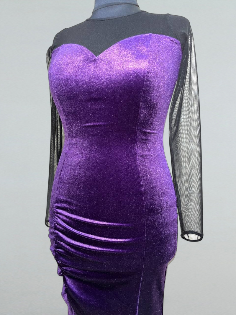 Purple Velvet Dance Dress with Sweetheart Neckline and Mesh Details