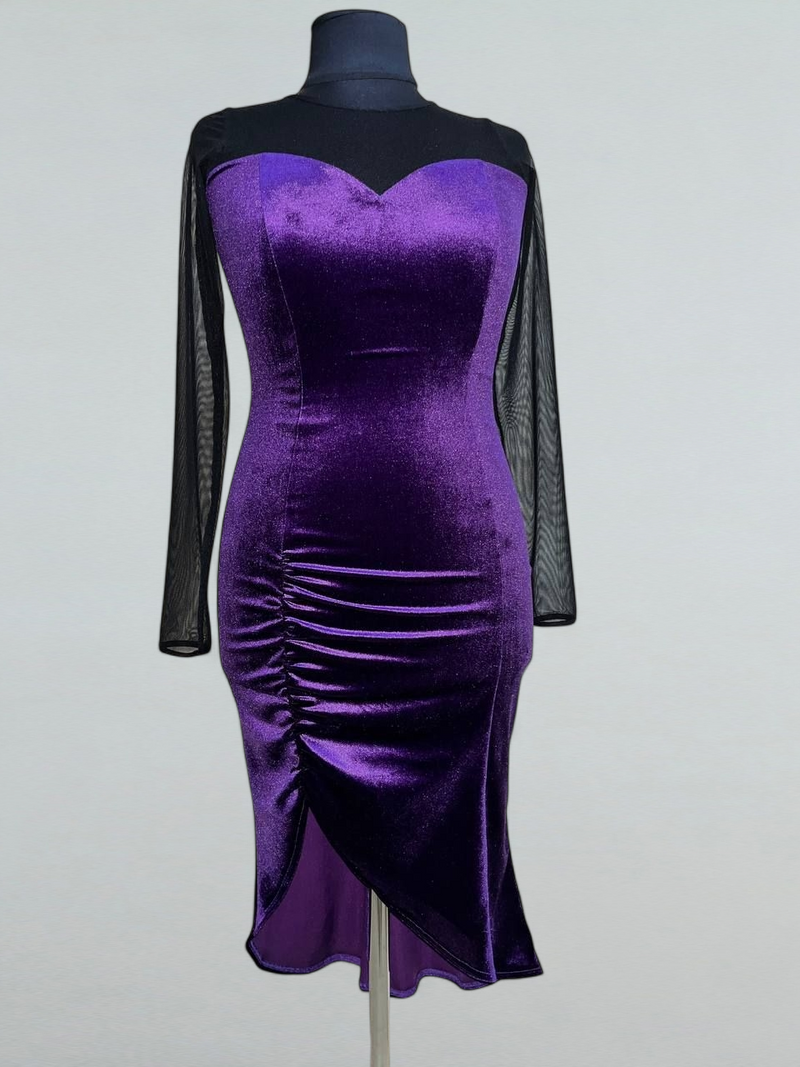 Purple Velvet Dance Dress with Sweetheart Neckline and Mesh Details