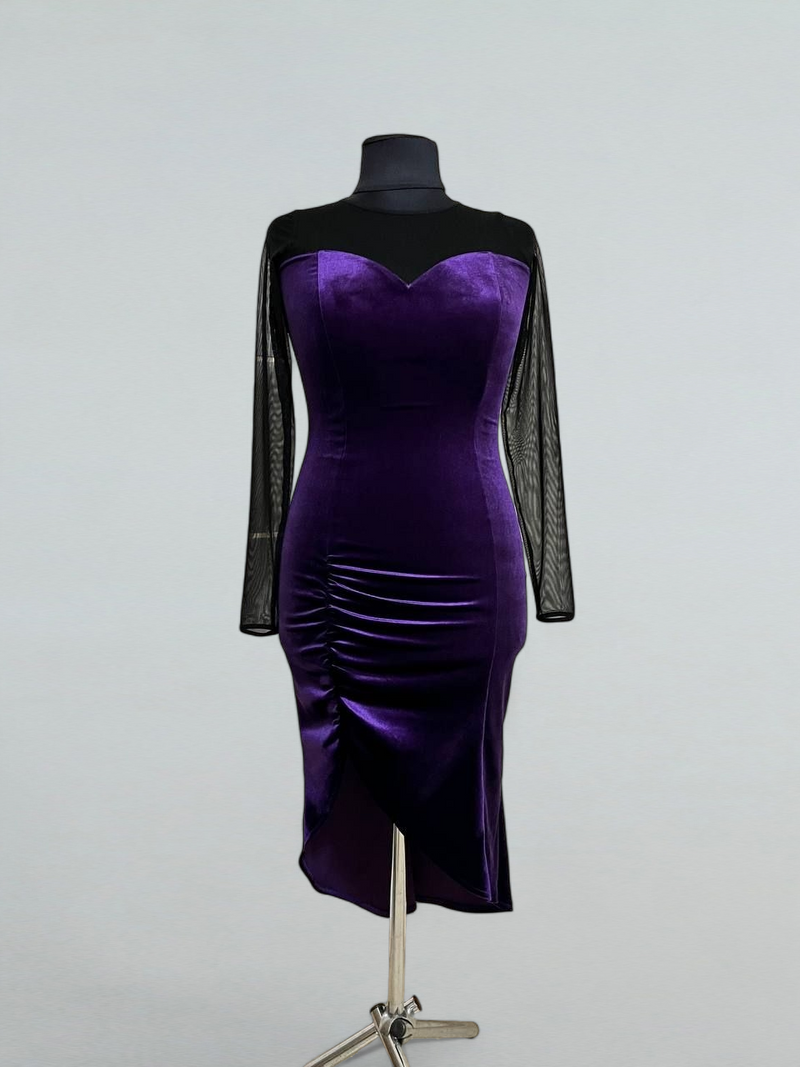 Purple Velvet Dance Dress with Sweetheart Neckline and Mesh Details