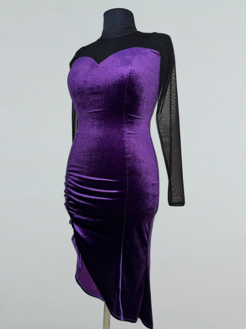 Purple Velvet Dance Dress with Sweetheart Neckline and Mesh Details