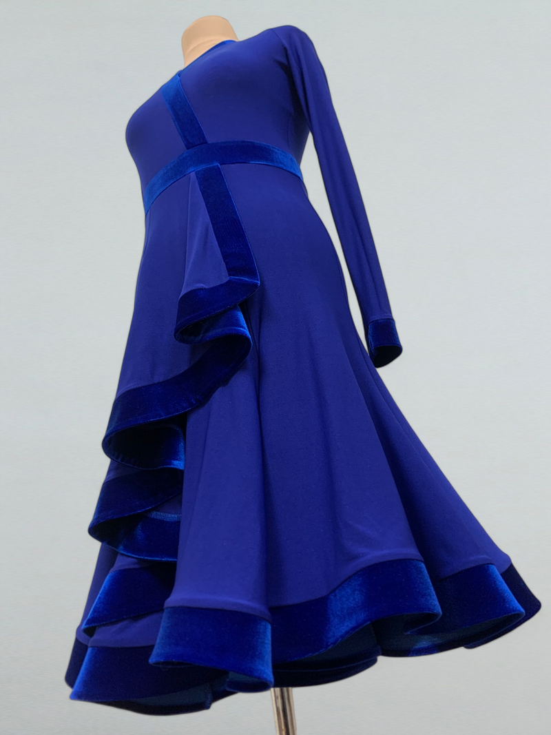 Electric Blue Ballroom Dance Dress with Velvet Details