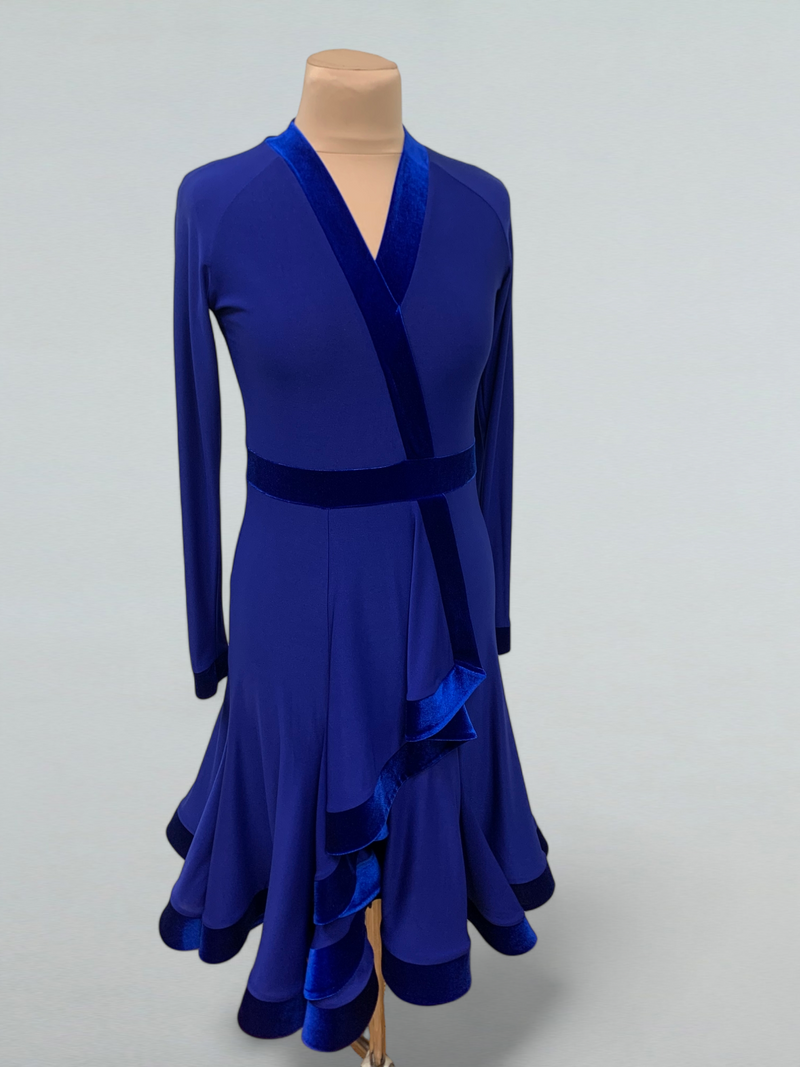 Electric Blue Ballroom Dance Dress with Velvet Details