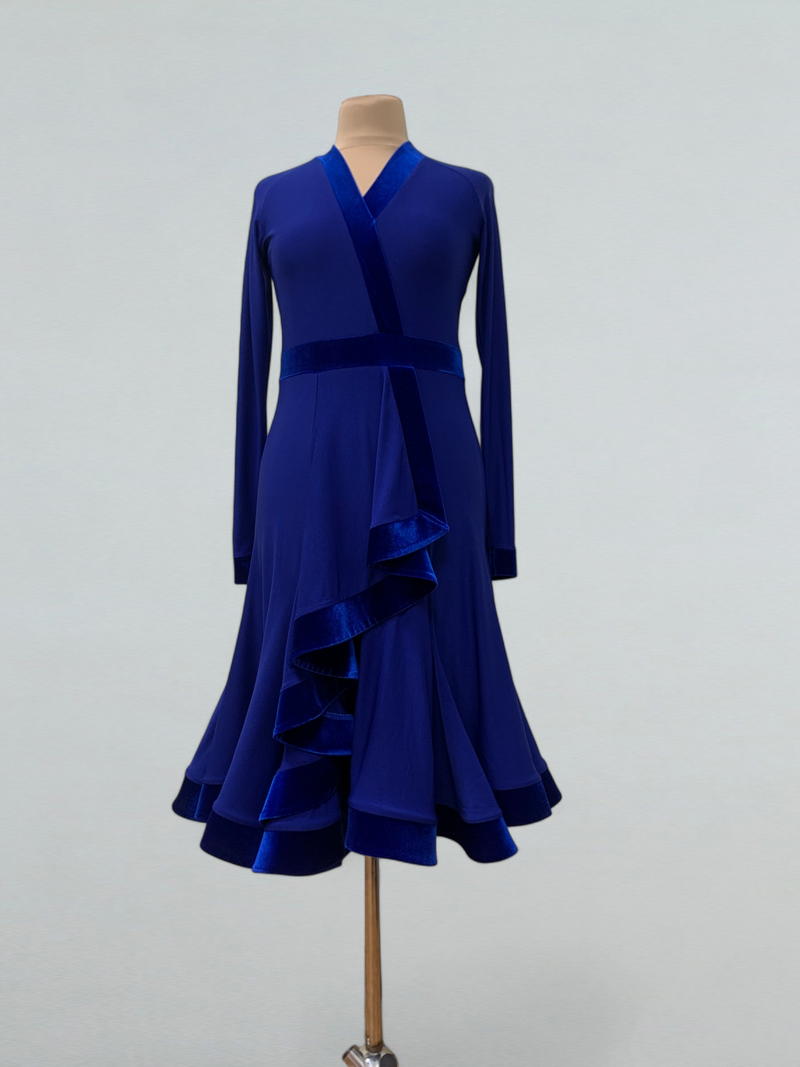 Electric Blue Ballroom Dance Dress with Velvet Details