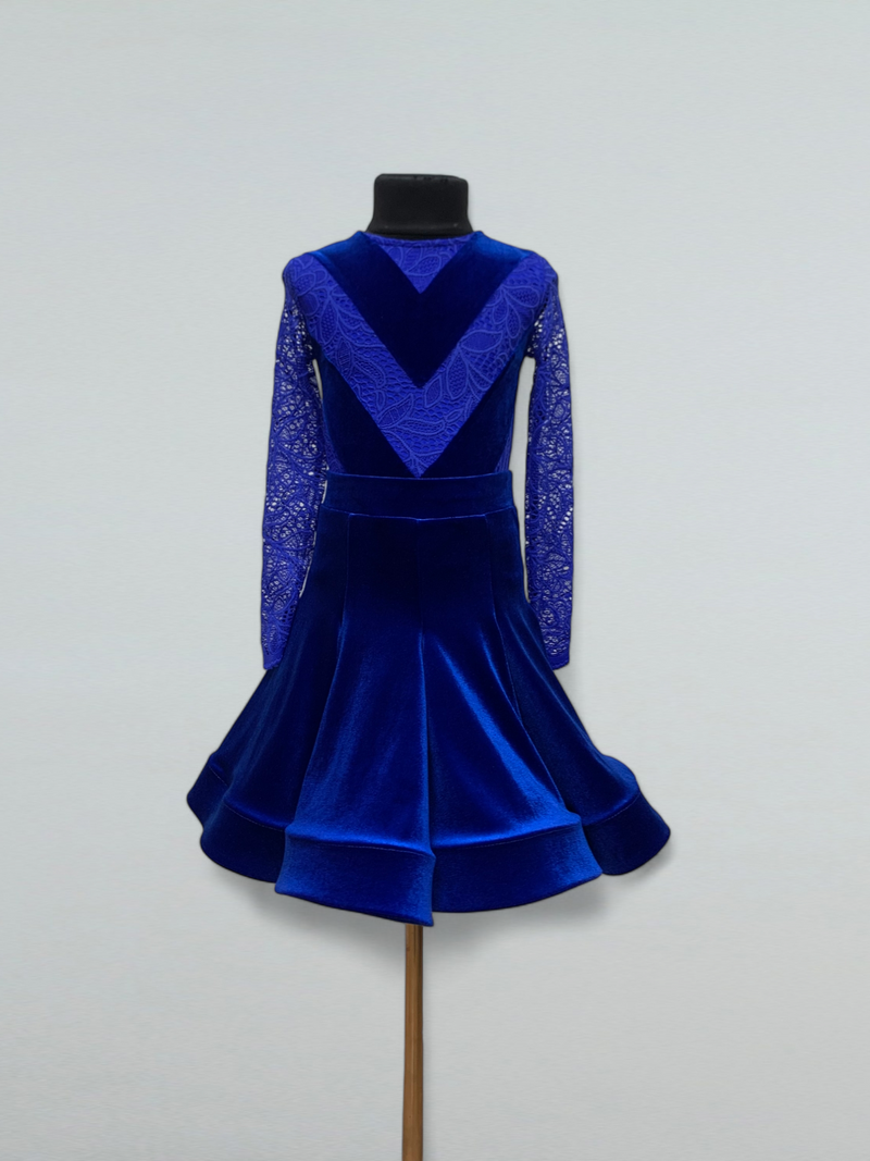 Girls Electric Blue Velvet Dance Dress Lace Sleeves & Flared Skirt 7 years Girls Electric Blue Velvet Dance Dress Lace Sleeves & Flared Skirt 7 years
