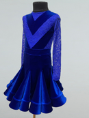 Girls’ Electric Blue Velvet Dance Dress with Lace Sleeves