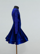 Girls’ Electric Blue Velvet Dance Dress with Lace Sleeves