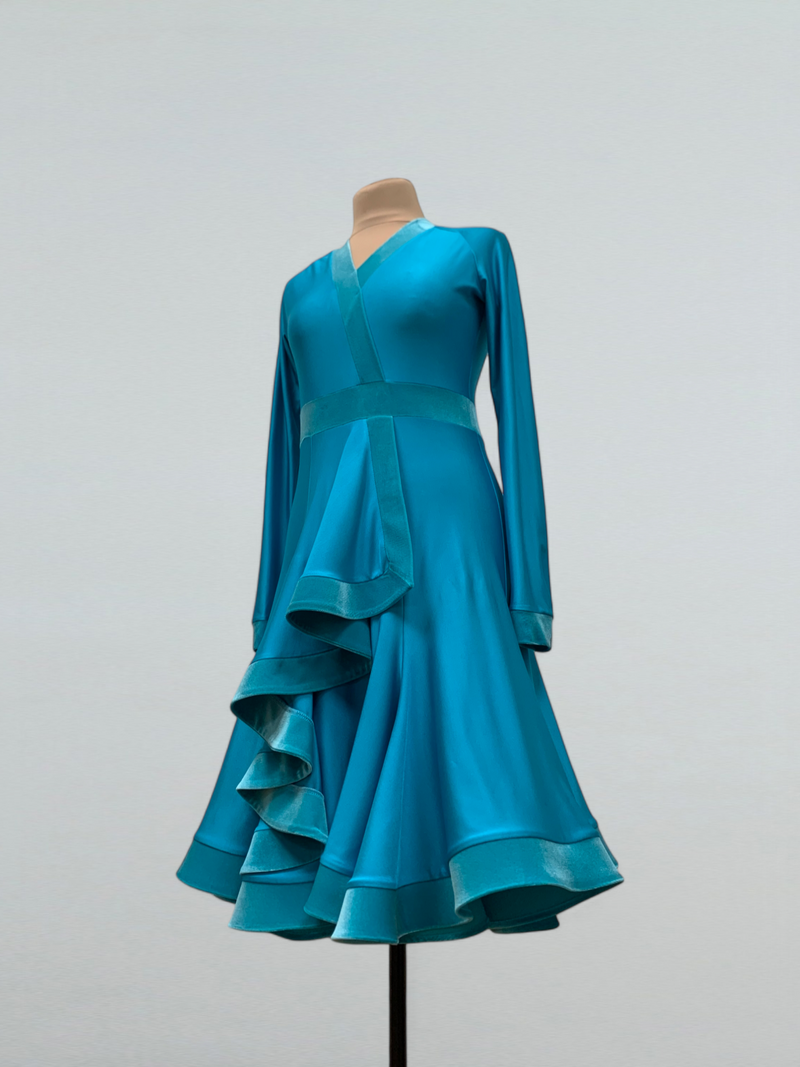 Blue Turquoise Ballroom Dance Dress with Velvet Trim S / As pictured