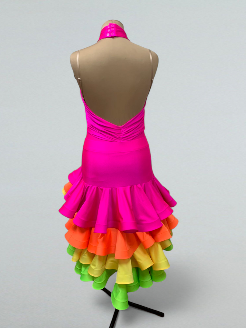 Colorful Ruffled Latin Dance Dress – Multicolored Skirt with Open Back