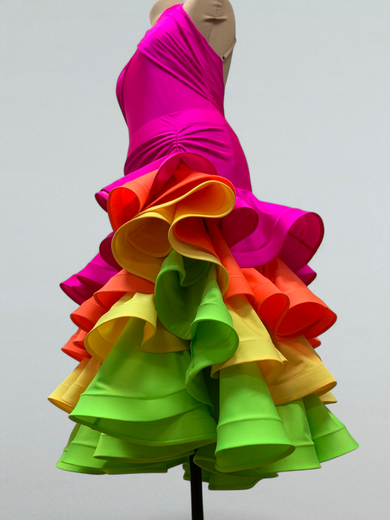 Colorful Ruffled Latin Dance Dress – Multicolored Skirt with Open Back