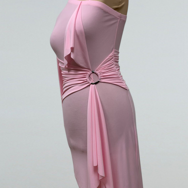 Light Pink Asymmetric Latin Dance Dress – One-Shoulder Design