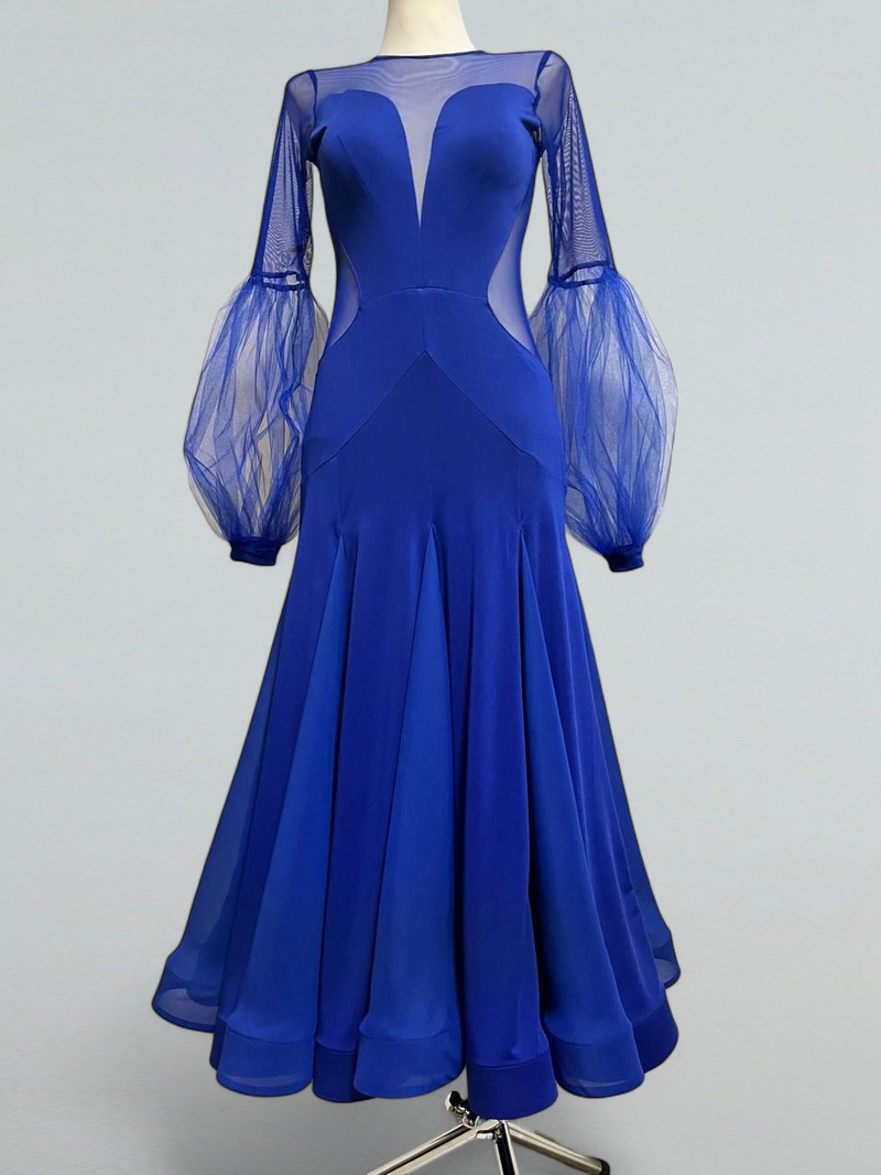 Royal Blue Ballroom Dance Dress Sheer Sleeves & Flowing Skirt XS / As pictured Royal Blue Ballroom Dance Dress Sheer Sleeves & Flowing Skirt XS / As pictured