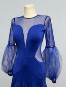 Striking Royal Blue Ballroom Gown with Dramatic Tulle Sleeves