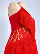 Red floral lace side panel close-up
