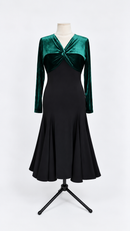 Green velvet long sleeve ballroom dress front