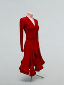 Red Dance Dress with Velvet Trim and Flared Skirt