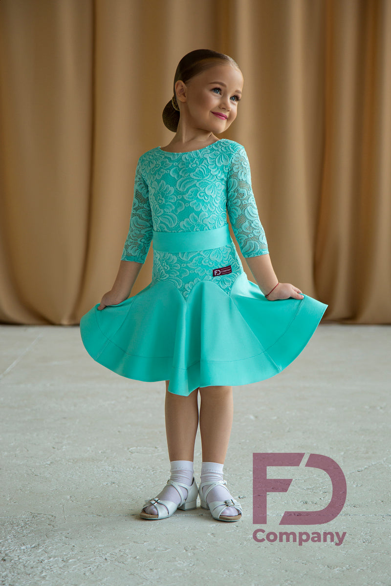 Turquoise dance dress made of supplex and elastic guipure based on bodysuit