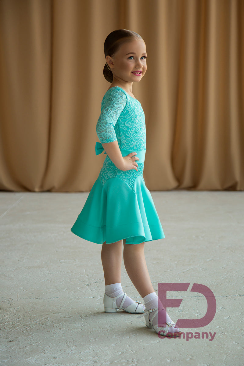 Turquoise dance dress made of supplex and elastic guipure based on bodysuit
