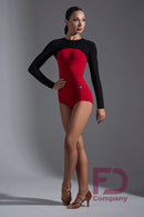 Long-sleeved red and black bodysuit. Bodysuit for ballroom dancing