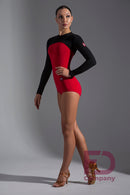 Long-sleeved red and black bodysuit. Bodysuit for ballroom dancing
