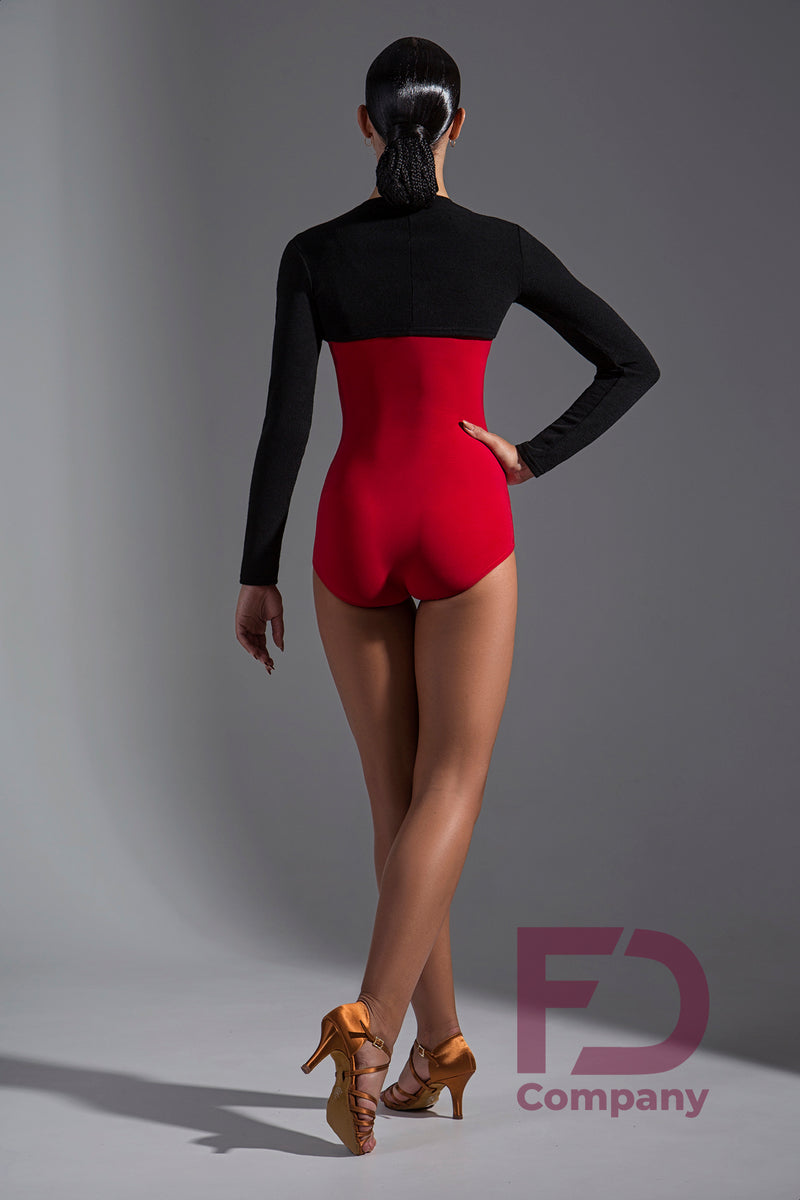 Long-sleeved red and black bodysuit. Bodysuit for ballroom dancing