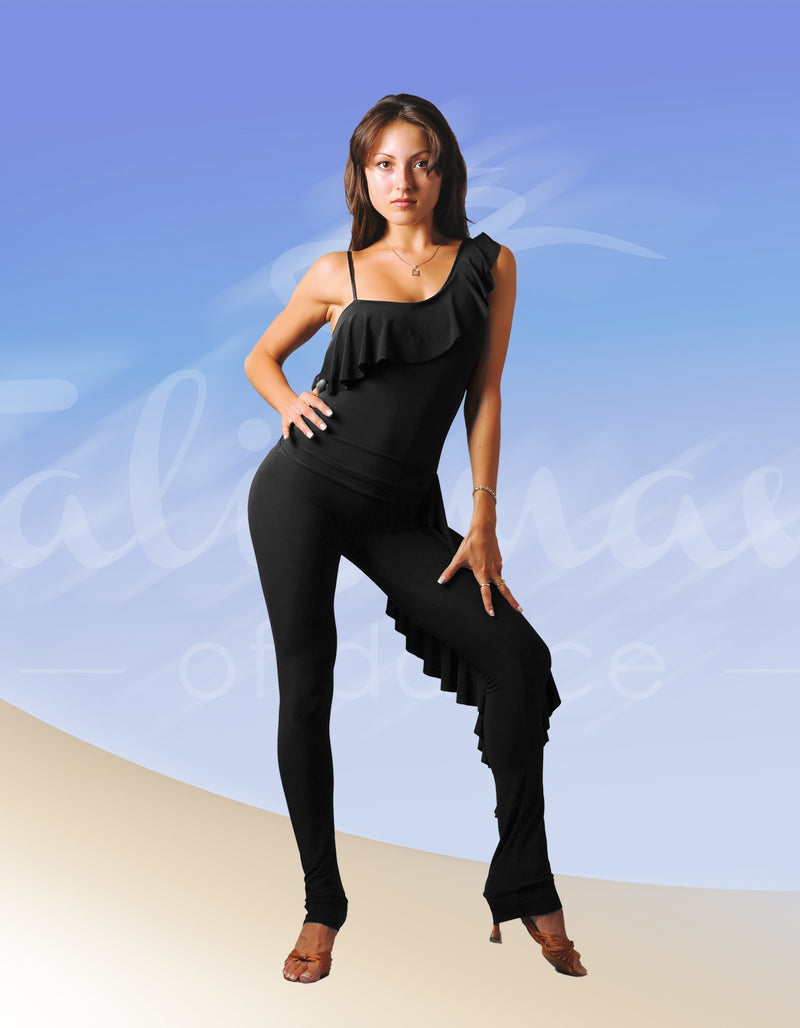 Original asymmetrical jumpsuit with flounces and mesh on the side