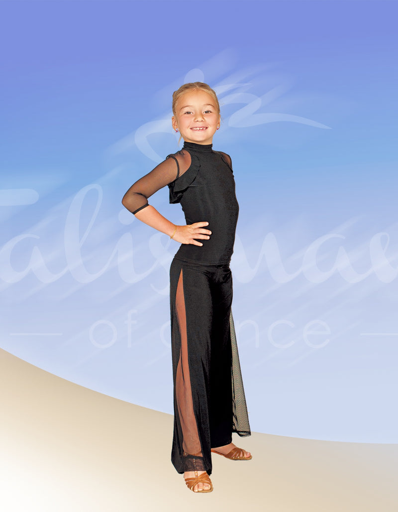 Wide from the thigh pants in black stretch knitwear with mesh wedges on the sides, balroom, dancewear