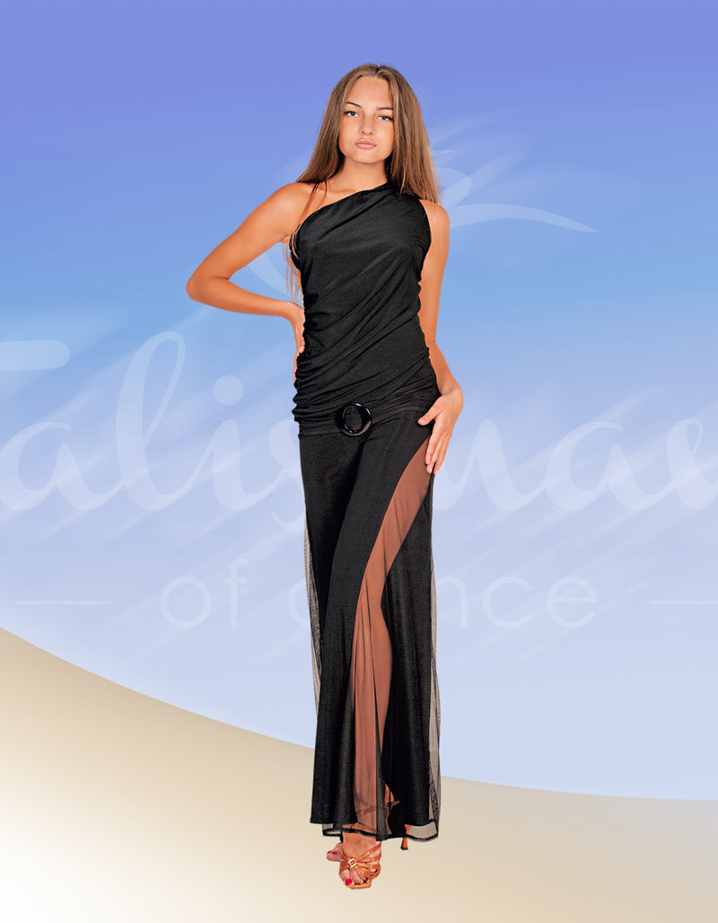 Wide from the thigh pants in black stretch knitwear with mesh wedges on the sides, balroom, dancewear