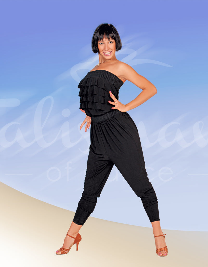 Jumpsuit for dancing with bare shoulders and flounces