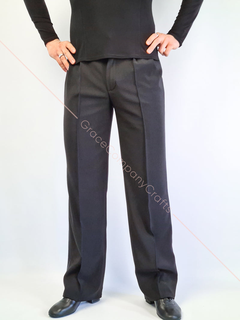 Men's ballroom dance trousers without pockets, with tucks, satin stripes