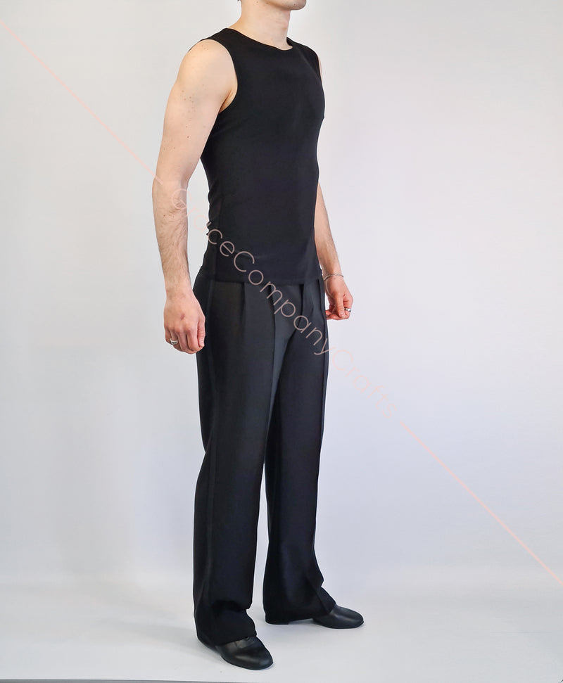 Men's no-pocket dance trousers with satin waistband and stitched pleats at the front