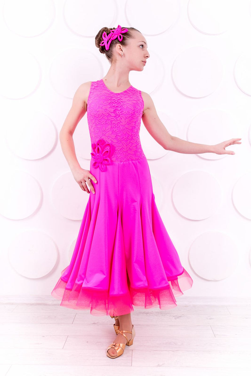 Supplex ballroom dance dress with elastic guipure trim