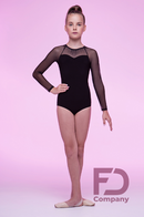 Black bodysuit for dancing with mesh. Dancewear with long sleeves made of mesh.
