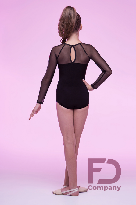Black bodysuit for dancing with mesh. Dancewear with long sleeves made of mesh.