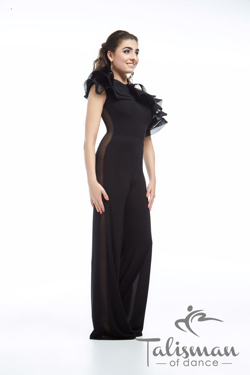 Dance jumpsuit with flounce and mesh side panels