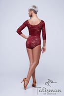 Dark red bodysuit in guipure and knitwear. Bodysuit for dancing with 3/4 sleeves