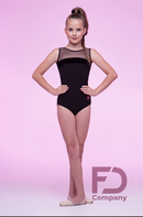 Sleeveless dance bodysuit with mesh yoke and velor chest insert